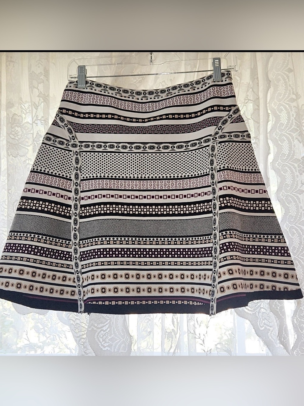 Diane von Furstenberg DVF geometric stripe A-line rayon skirt black white purple - Picture 2 of 11